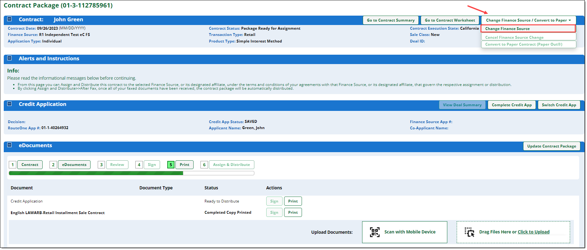 Arrow pointing to ‘Change Finance Source / Convert to Paper’ dropdown menu, and box around ‘Change Finance Source’ option. 