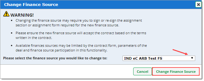 Arrow pointing to dropdown menu. Box around ‘Change Finance Source’ button. 