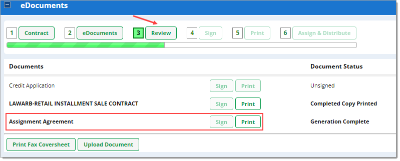 Arrow pointing to ‘Review’ button. Box around ‘Assignment Agreement’ and the ‘Sign,’ ‘Print’ buttons. 