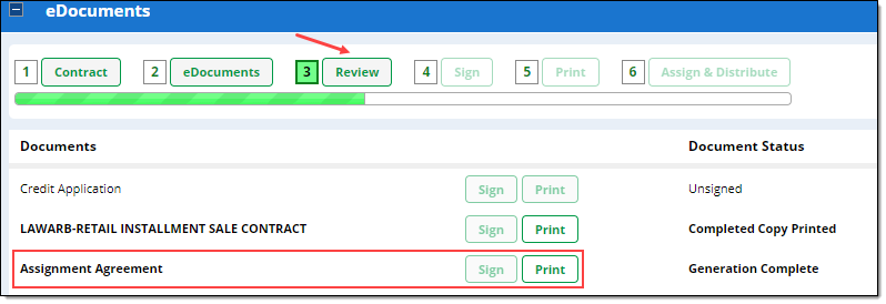 Arrow pointing to ‘Review’ button. Box around ‘Assignment Agreement’ and the ‘Sign,’ ‘Print’ buttons. 