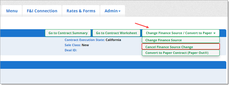 Arrow pointing to ‘Change Finance Source / Convert to Paper’ dropdown menu, and box around ‘Cancel Finance Source Change’ option.