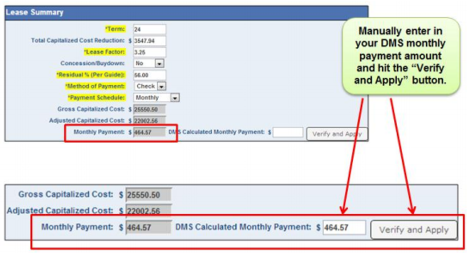 The Lease Summary section with a pop-out text box that says 'Manually enter in your DMS monthly payment amount and hit the Verify and Apply button' with arrows pointing to a box highlighting the monthly payment amount field and the 'Verify and Apply' button. 