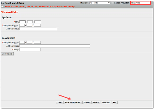 Box around field showing ‘RouteOne’ selected as Finance Provider.