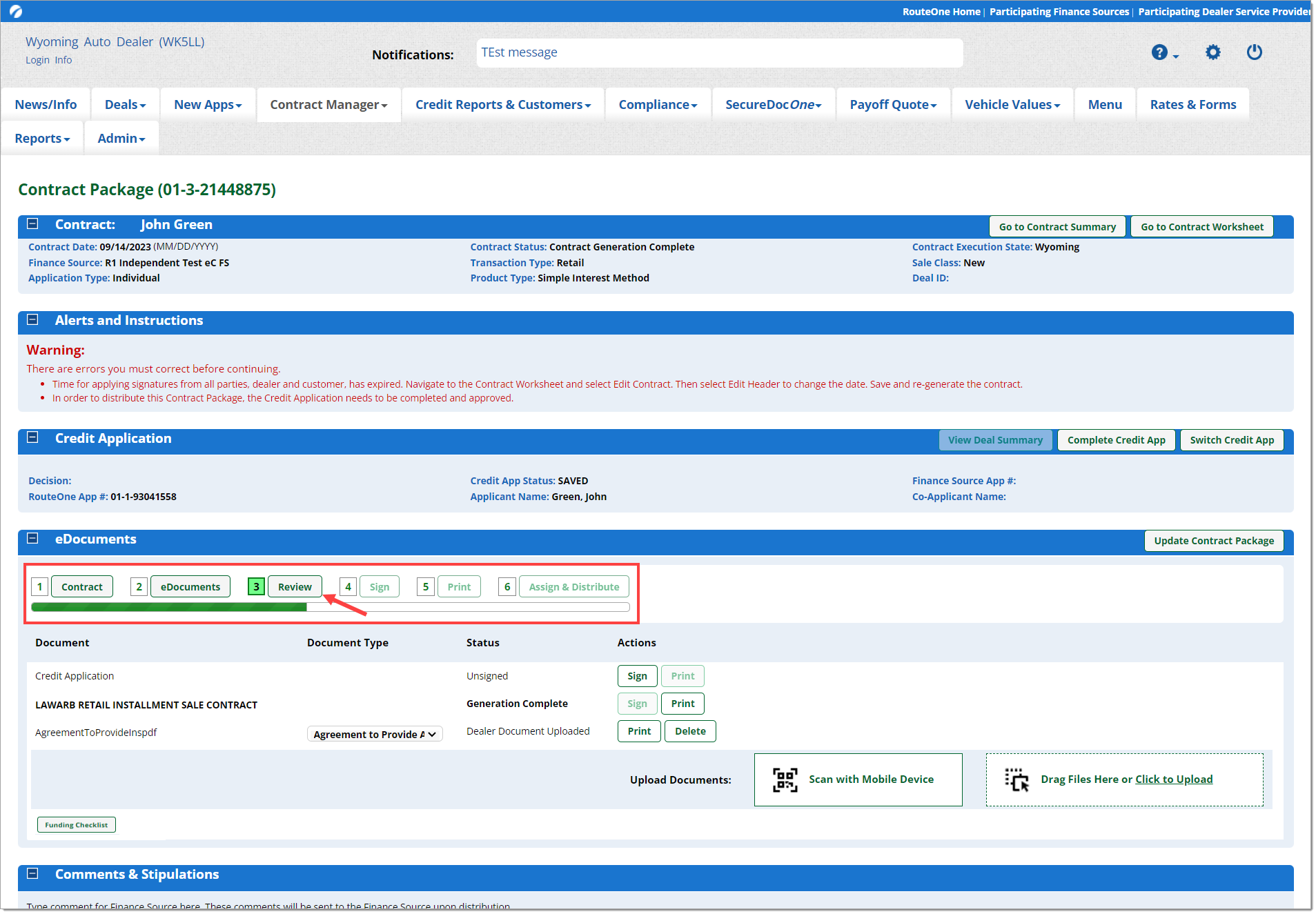 The Contract Package page with the ‘Alerts and Instructions’ section minimized, and the progress bar in the ‘eDocuments’ section highlighted by a box.  An arrow points to the ‘Review’ button above the progress bar.