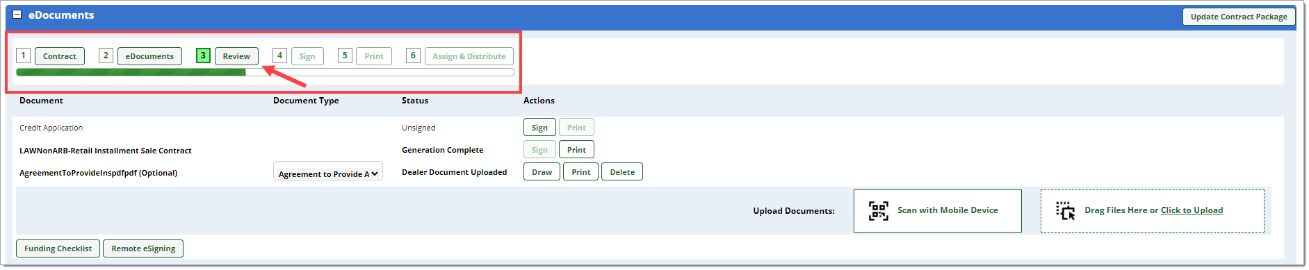 The Contract Package page with the progress bar in the ‘eDocuments’ section highlighted by a box.  An arrow points to the ‘Review’ button above the progress bar.