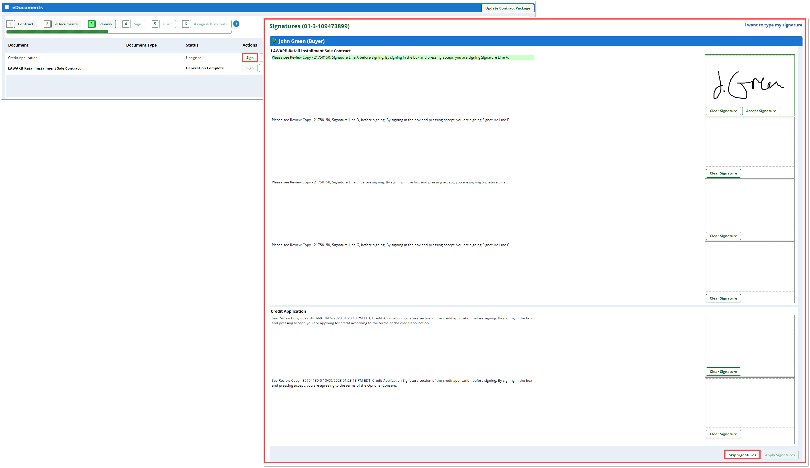 The eDocuments section with the ‘Sign’ button highlighted by a box and the pop-up window resulting from clicking on it is visible and highlighted, with a signature in the first box, and the ‘Skip Signatures’ button at the bottom of the window highlighted by a box.