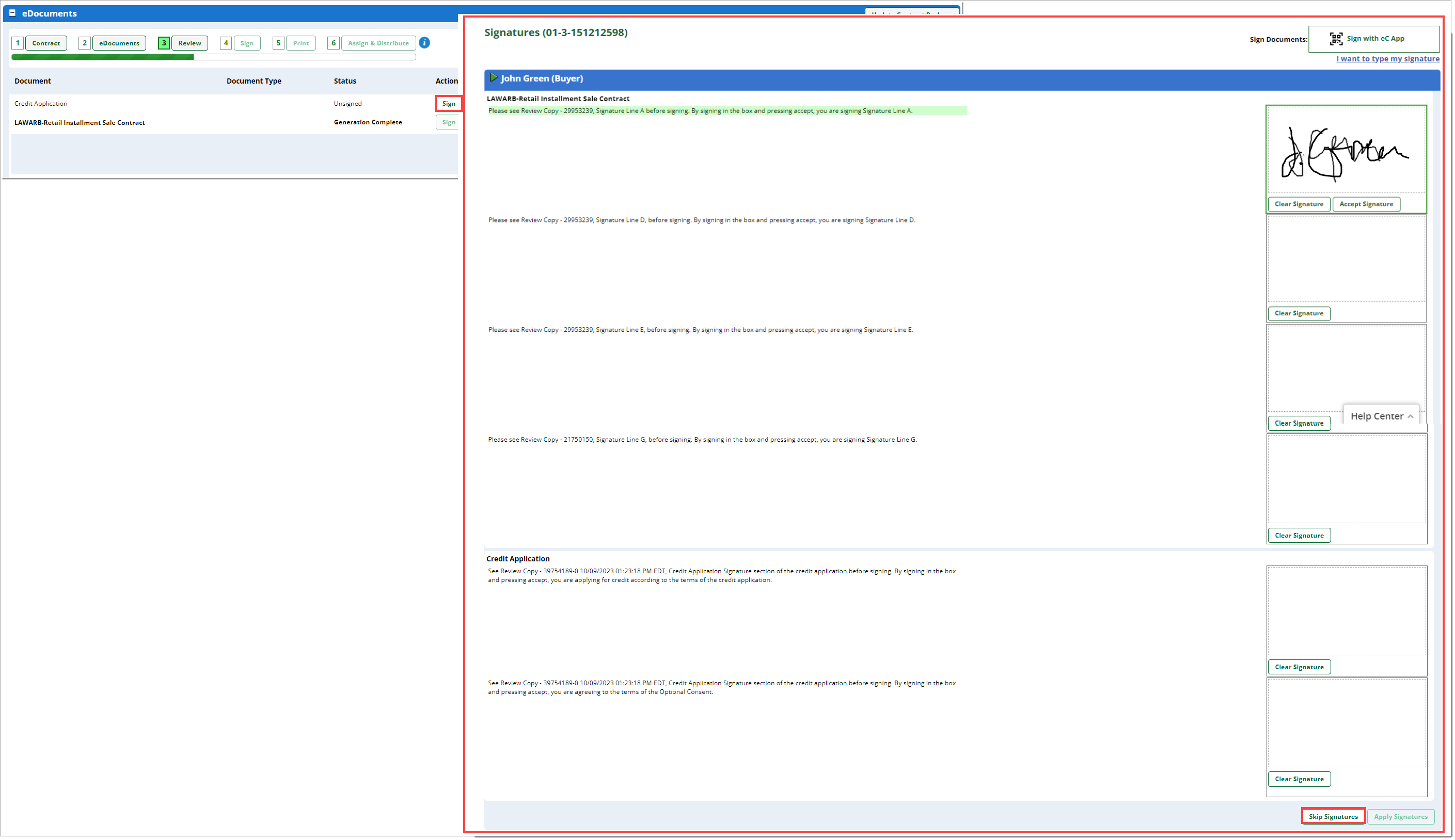 The eDocuments section with the ‘Sign’ button highlighted by a box and the pop-up window resulting from clicking on it is visible and highlighted, with a signature in the first box, and the ‘Skip Signatures’ button at the bottom of the window highlighted by a box.