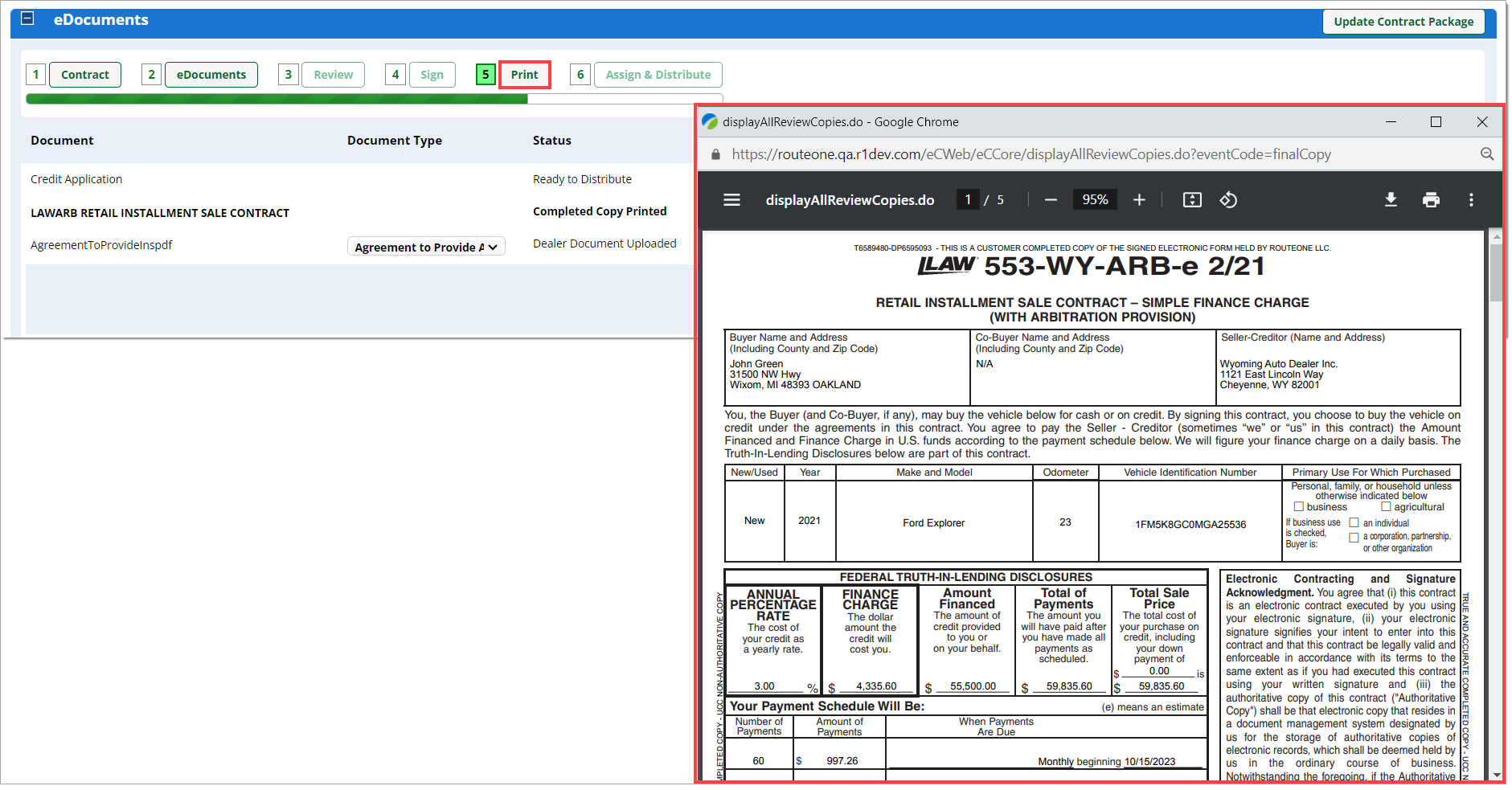 The eDocuments section with the ‘Print’ button highlighted by a box.  The resulting window showing the PDF to be printed is visible and highlighted.