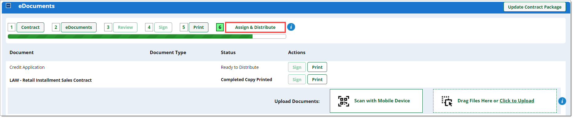 The eDocuments section of the Contract Package page with a box highlighting the ‘Assign and Distribute’ button.