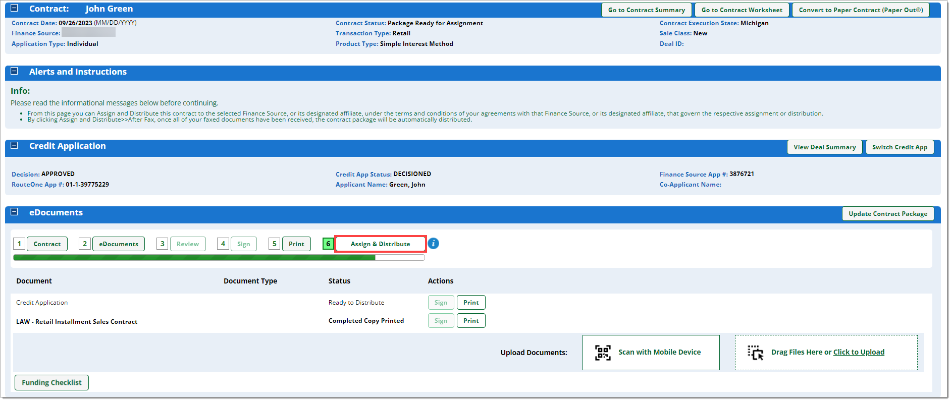 The Contract Package page with a box highlighting the ‘Assign and Distribute’ button.