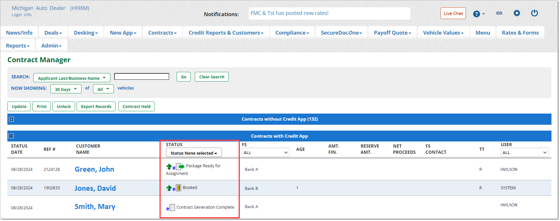 The Contract Manager page, with a box highlighting the ‘Status’ column.