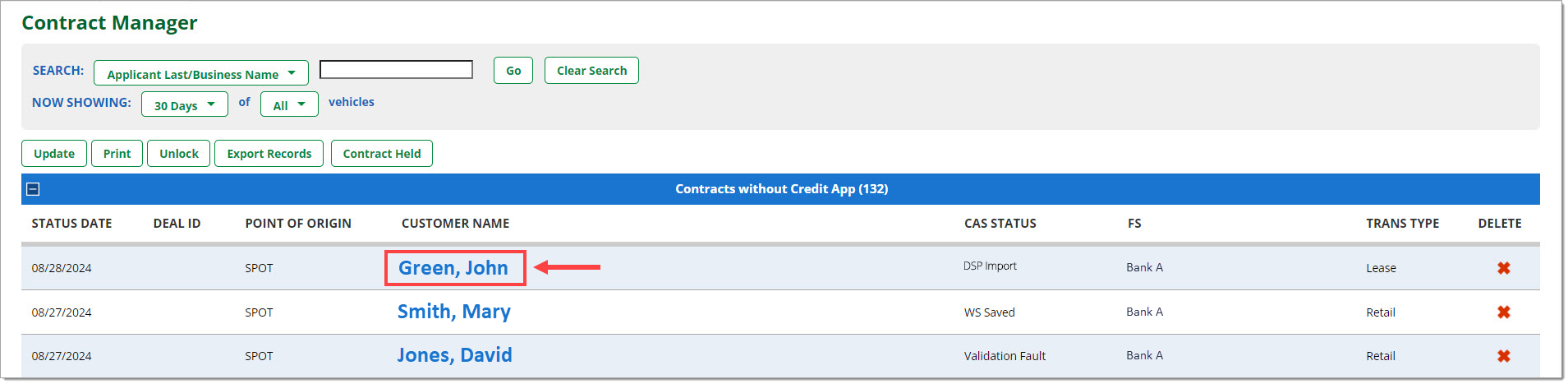 The Contract Manager Page with a box highlighting the title, a box highlighting the ‘Contracts without Credit App’ section title, an arrow pointing to the example contract’s customer name, and a box highlighting the ‘CAS Status’ column.