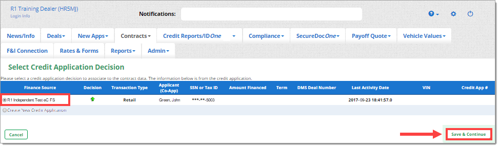 The Select Credit Application page with a box highlighting the finance source and the ‘Save and Continue’ button highlighted by a box with an arrow pointing to it.