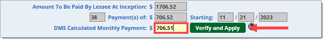 A cropped view of the Monthly Payment sections of the Contract Worksheet with the ‘DMS Calculated Monthly Payment’ field filled in to match the ‘Payments of’ field, and an arrow pointing to the now-highlighted ‘Verify and Apply’ button.