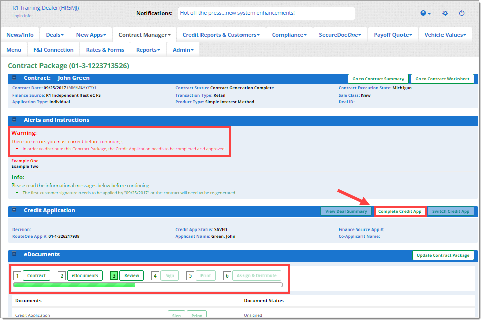 The Contract Package page with a box highlighting a red ‘Warning’ message stating ‘In order to distribute this Contract Package, the Credit Application needs to be completed and approved.’, the ‘Complete Credit App’ button highlighted by a box with an arrow pointing to it, and the eDocuments completion bar at the ‘Review’ step highlighted by a box.