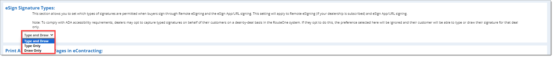 The ‘eSign Signature Types’ section with the signature type drop-down menu expanded and highlighted by a box.