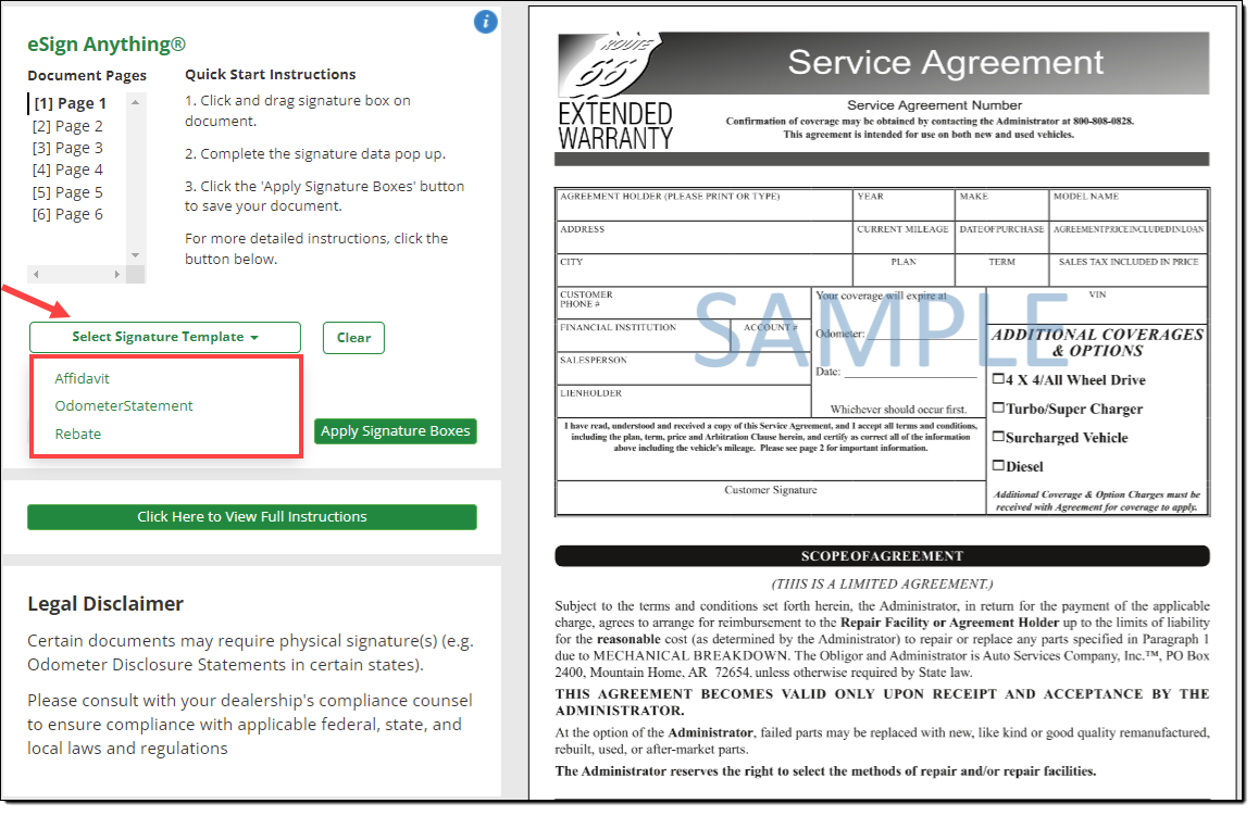 Arrow pointing to ‘Select Signature Template’ dropdown menu. Box around available templates in the dropdown list.