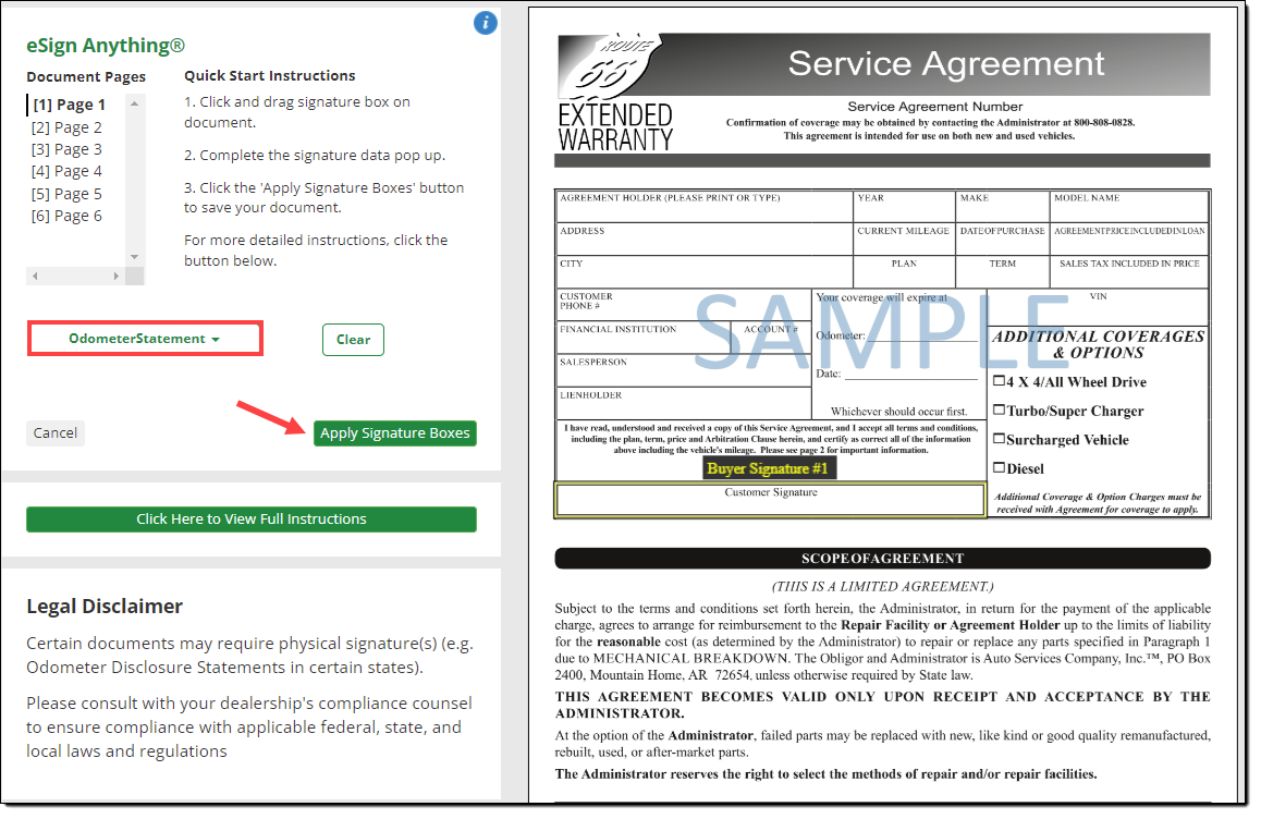 Box around the selected signature template. Box around area showing the signature fields that have been added from the selected template. Arrow pointing to ‘Apply Signature Boxes’ button.