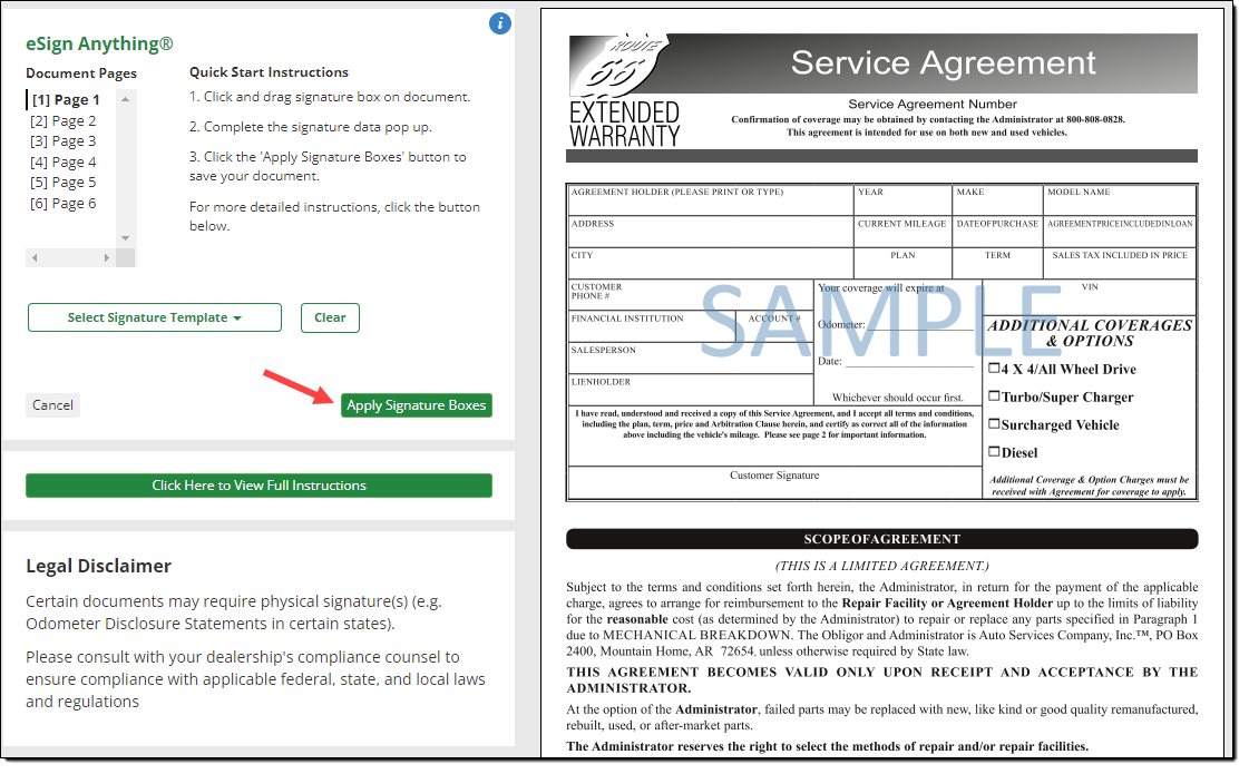 Arrow pointing to ‘Apply Signature Boxes’ button.