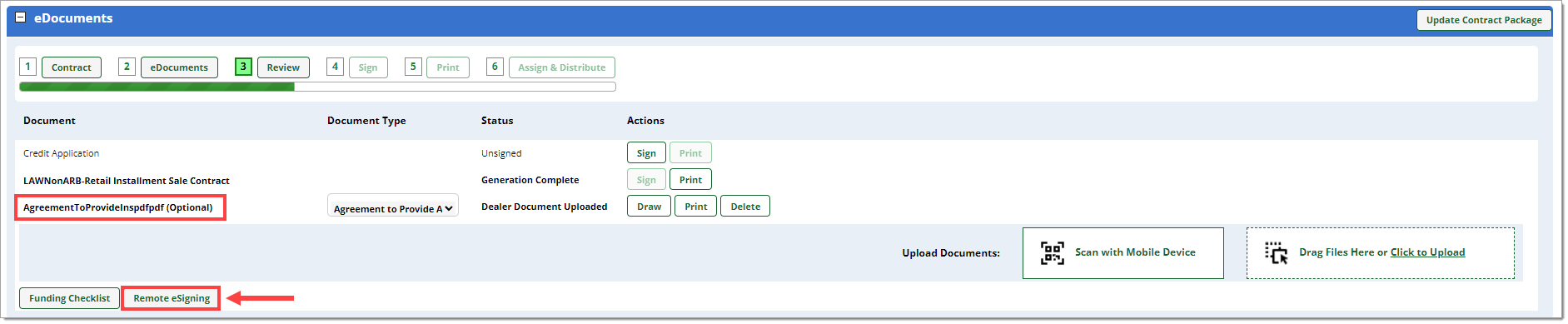 The eDocuments section of the Contract Package with a box around an uploaded document and an arrow pointing to the ‘Remote eSigning’ button.