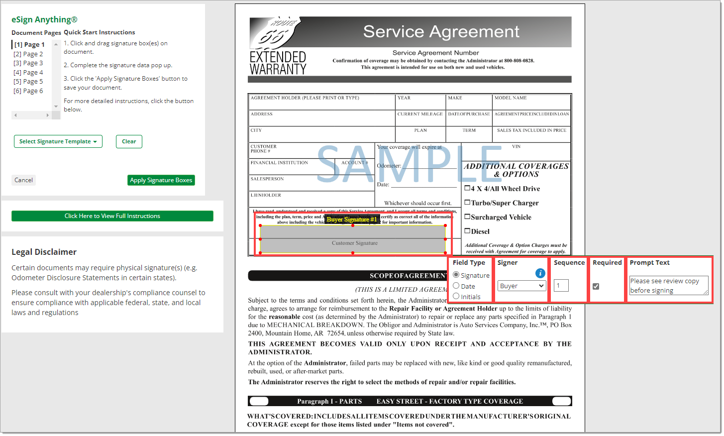 Box around signature tool for creating fields. Boxes around Field Type, Signer type, Sequence number, checkbox to mark the field as Required, and Prompt Text to input text that will be prompted for the field.