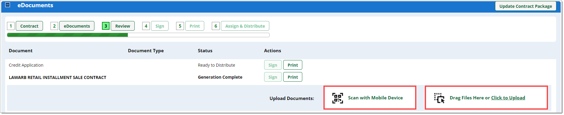 The eDocuments section of the Contract Package with boxes highlighting the ‘Scan with Mobile Device’ and ‘Drag Files Here or Click to Upload’ buttons.