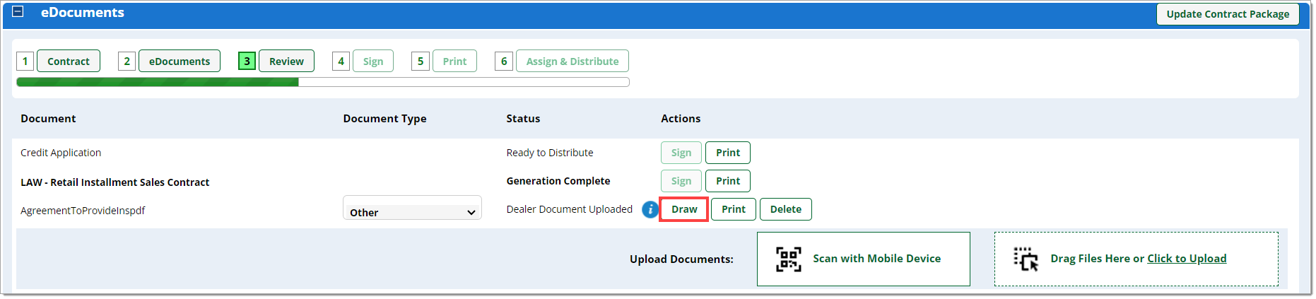 The eDocuments section of the Contract Package with a box highlighting the ‘Draw’ button next to an uploaded document. 