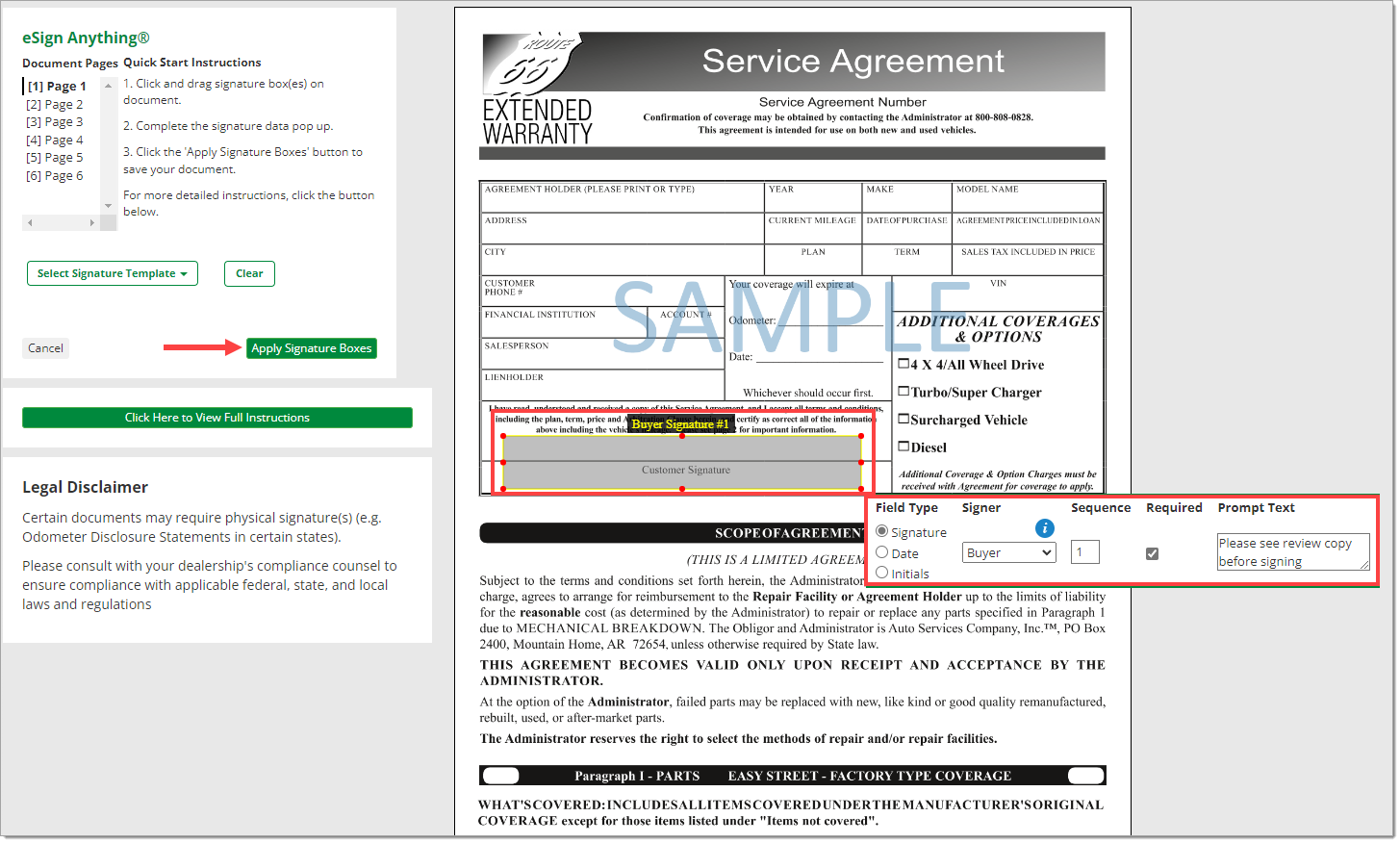 Box around the area showing the created signature field and the options selected for the field. Arrow pointing to ‘Apply Signature Boxes’ button. 