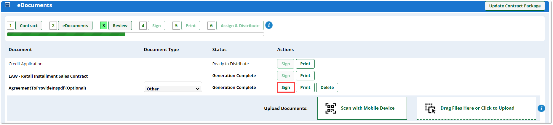 The eDocuments section of the Contract Package with a box around the ‘Sign’ button for an uploaded document. 